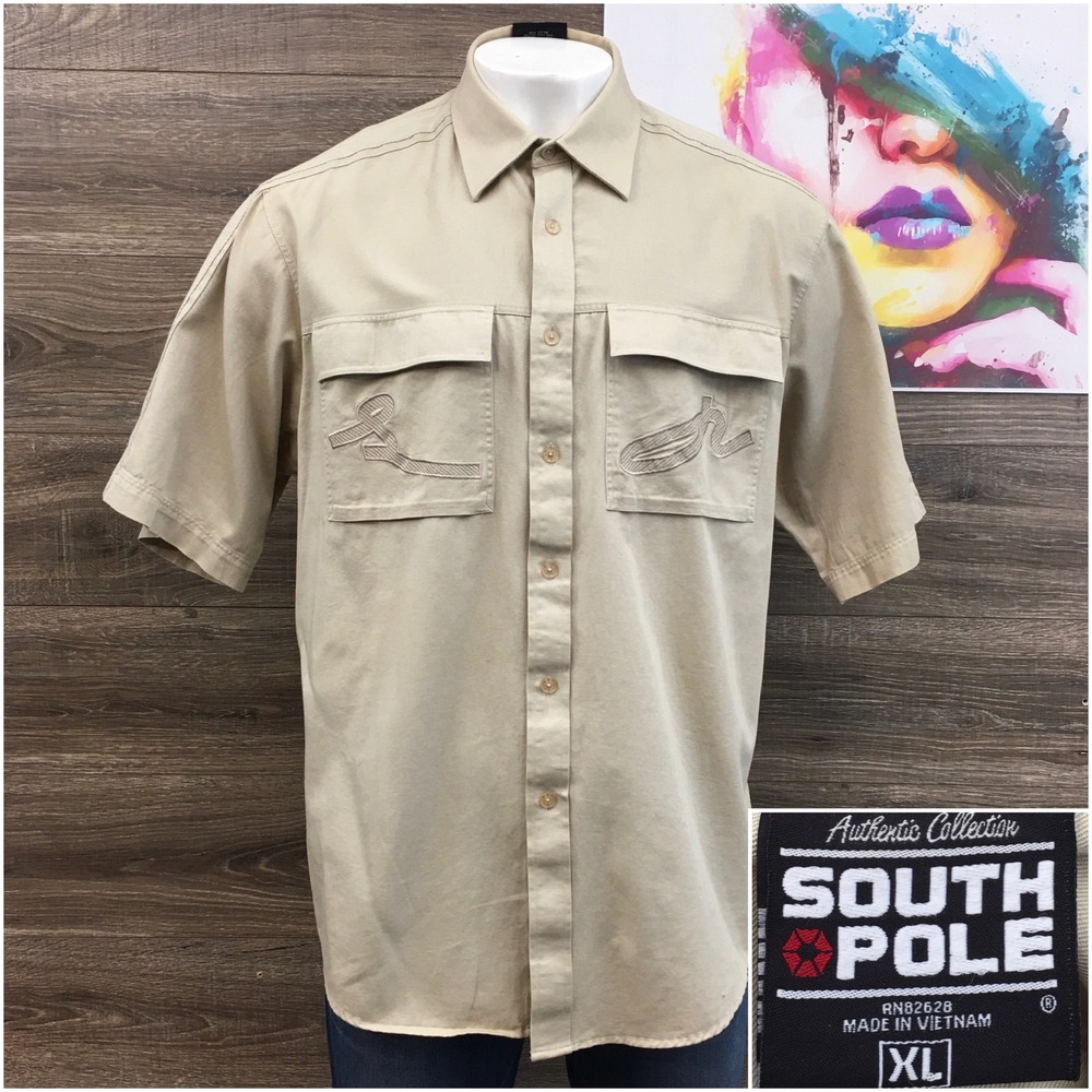 VINTAGE‎ Southpole Mens Y2K XL Khaki Short Sleeve Button Down Boxy Baggy Shirt